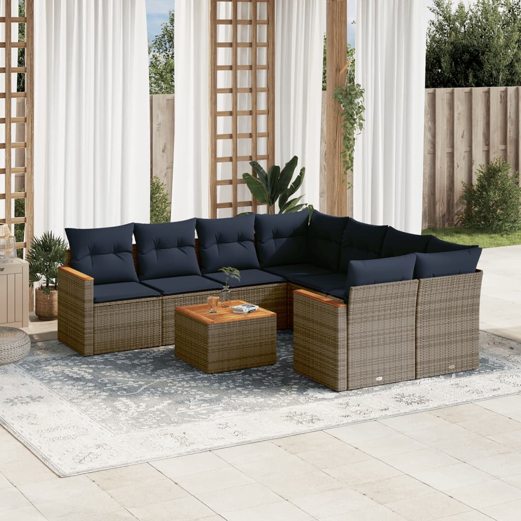 9-delige tuinbankset met kussens, grijs polyrotan is nu te koop bij PeponiXL, paradijselijk wonen!