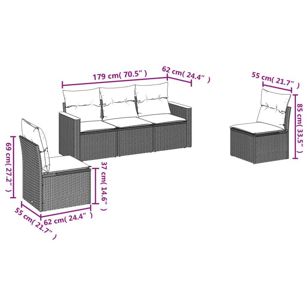 5-delige tuinbankset met kussens, grijs polyrotan is nu te koop bij PeponiXL, paradijselijk wonen!