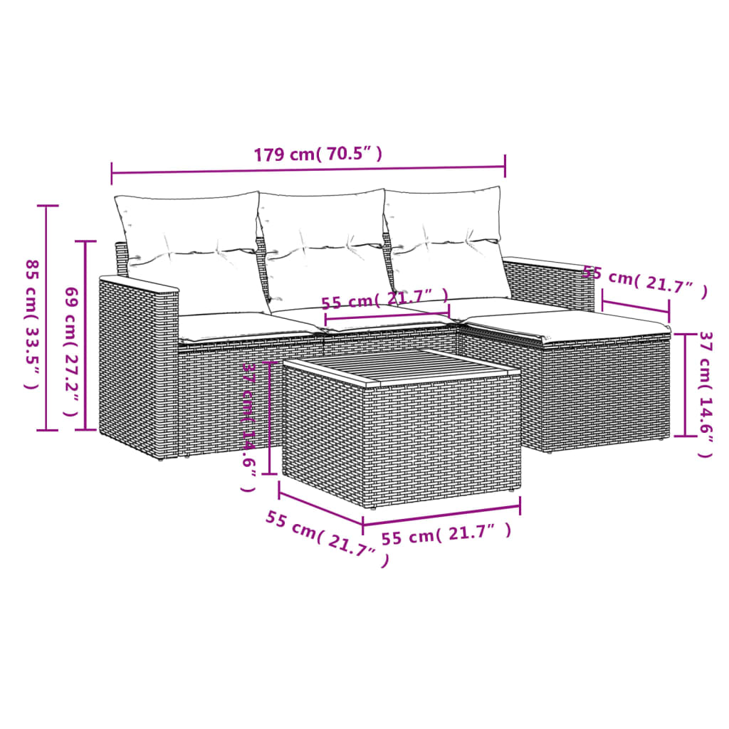 5-delige tuinbankset met kussens, grijs polyrotan is nu te koop bij PeponiXL, paradijselijk wonen!