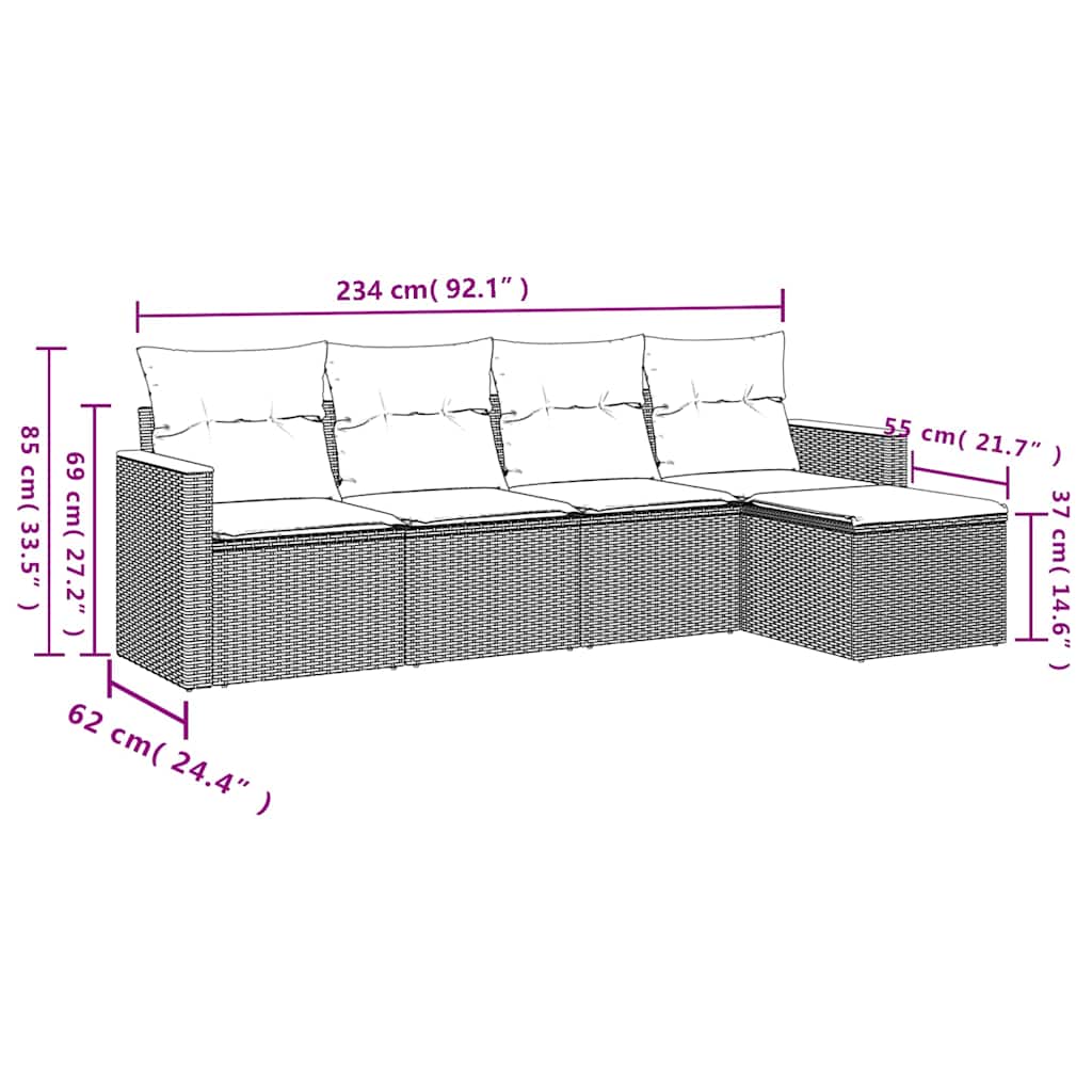 5-delige Loungeset met kussens poly rattan zwart
