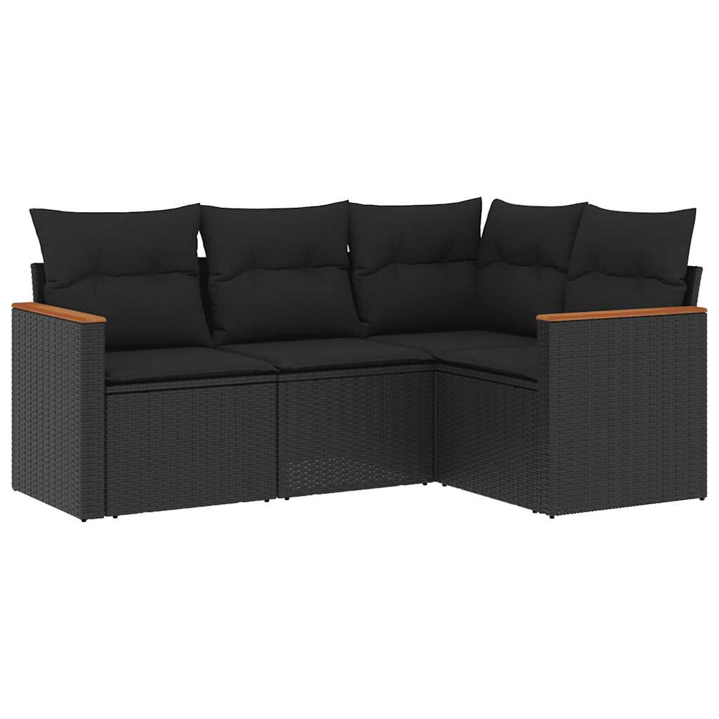 4-delige Loungeset met kussens poly rattan zwart