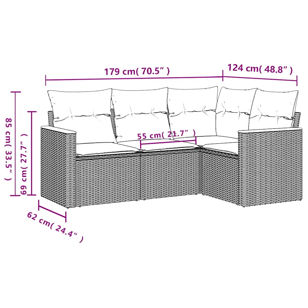4-delige Loungeset met kussens poly rattan zwart