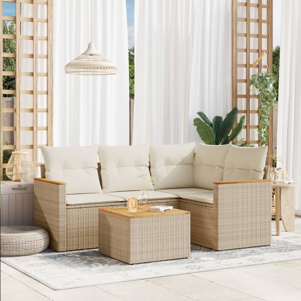 5-delige Loungeset met kussens poly rattan beige