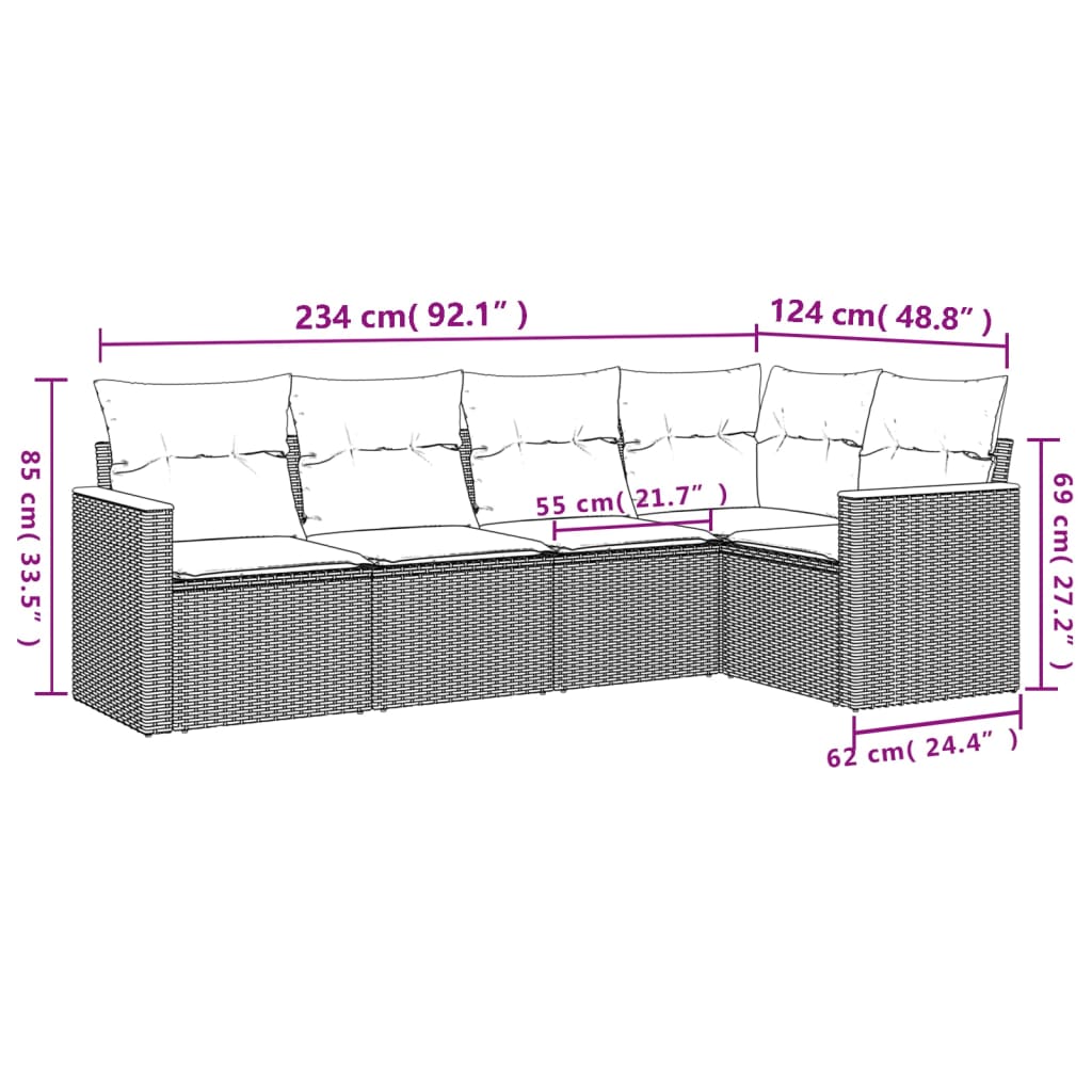 5-delige tuinbankset met kussens, grijs polyrotan is nu te koop bij PeponiXL, paradijselijk wonen!