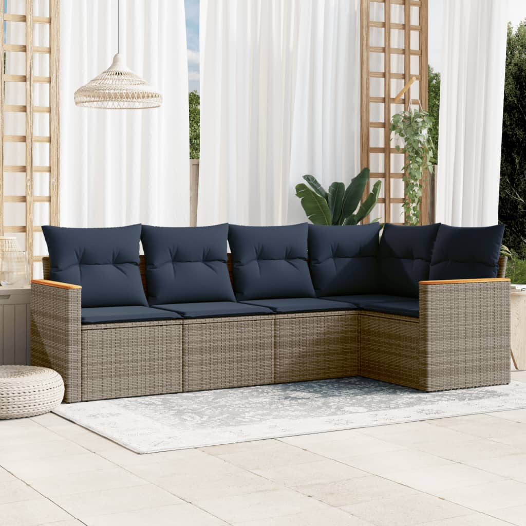 5-delige tuinbankset met kussens, grijs polyrotan is nu te koop bij PeponiXL, paradijselijk wonen!
