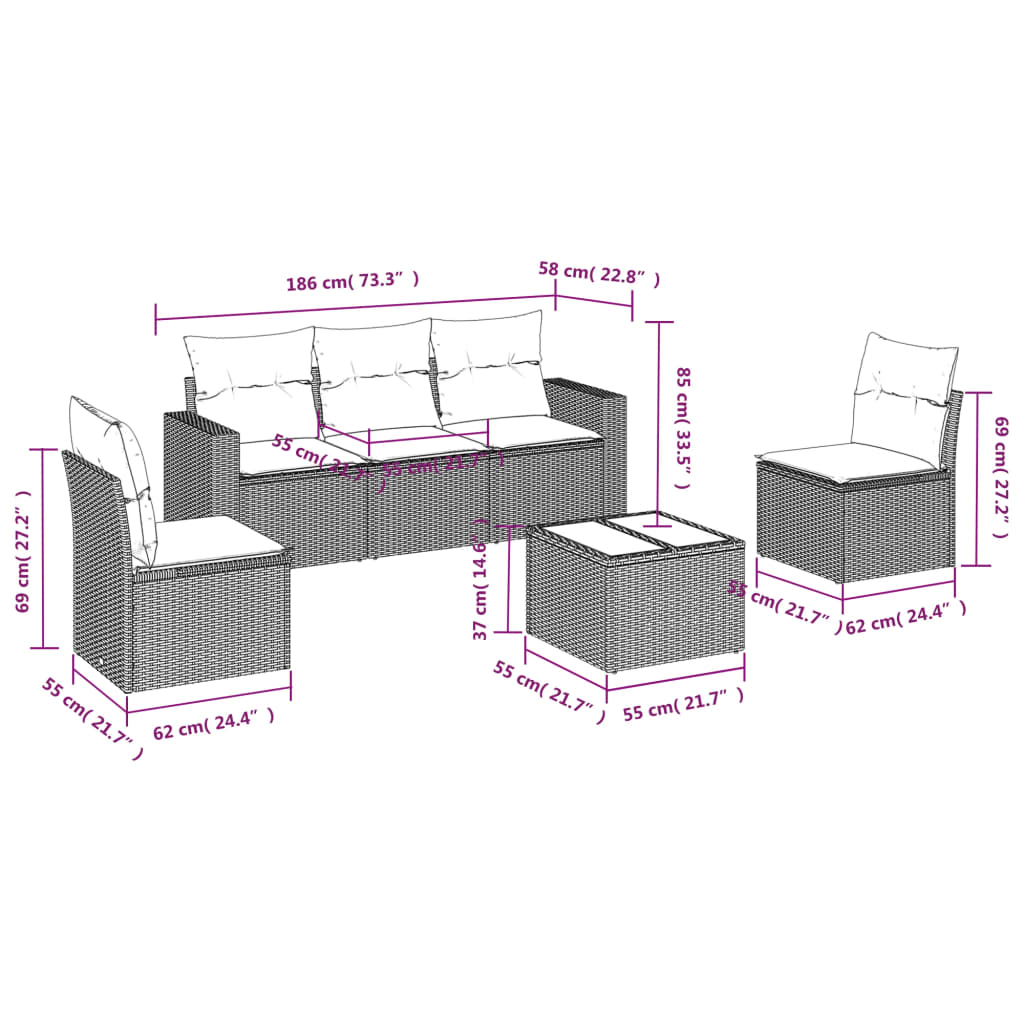 6-delige Loungeset met kussens poly rattan bruin is nu te koop bij PeponiXL, paradijselijk wonen!