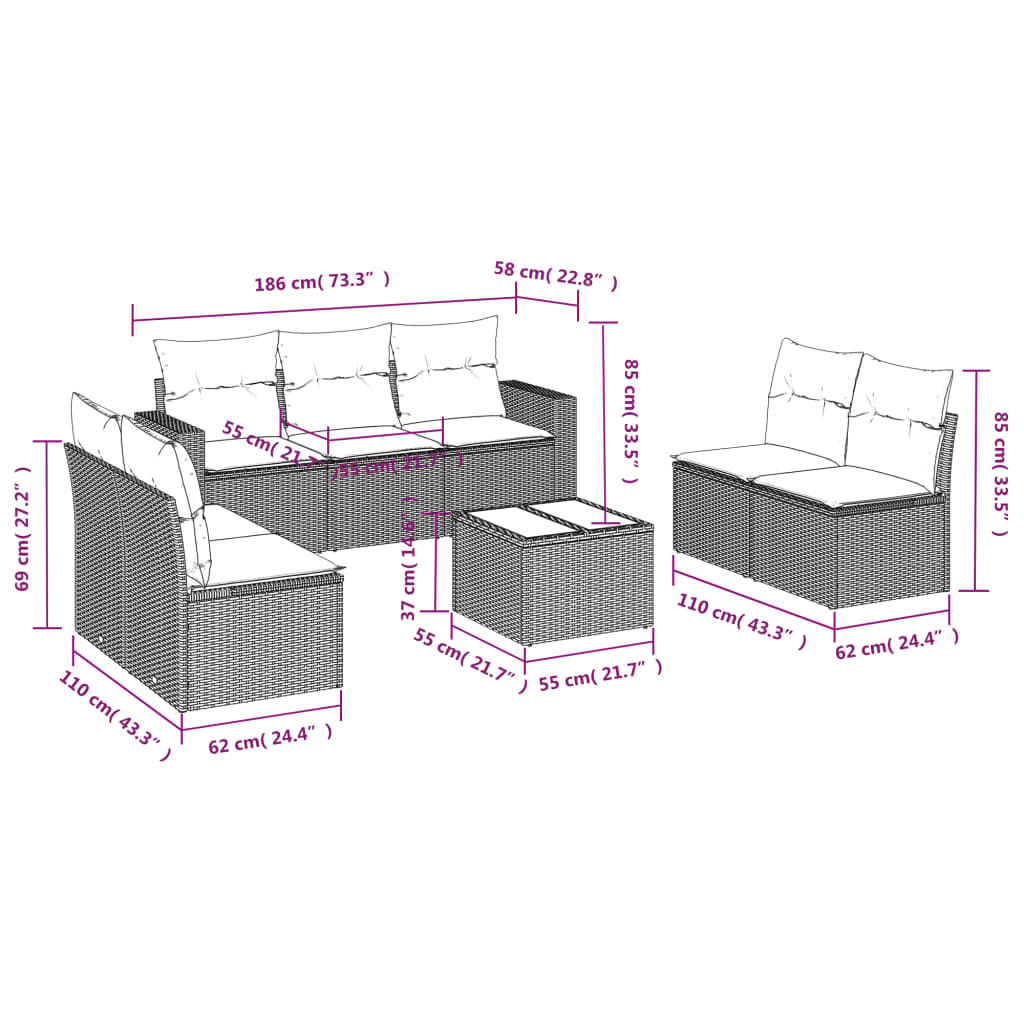 8-delige Loungeset met kussens poly rattan zwart is nu te koop bij PeponiXL, paradijselijk wonen!