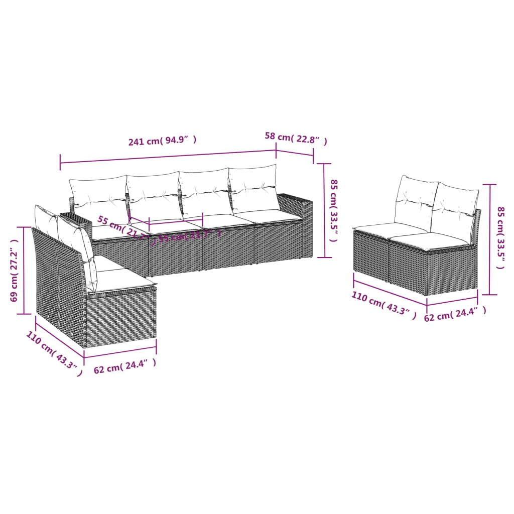 8-delige Loungeset met kussens poly rattan grijs is nu te koop bij PeponiXL, paradijselijk wonen!