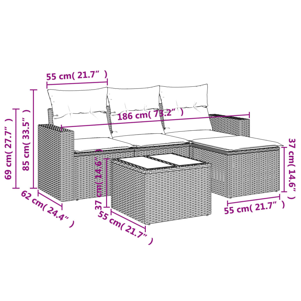 5-delige Loungeset met kussens poly rattan zwart is nu te koop bij PeponiXL, paradijselijk wonen!