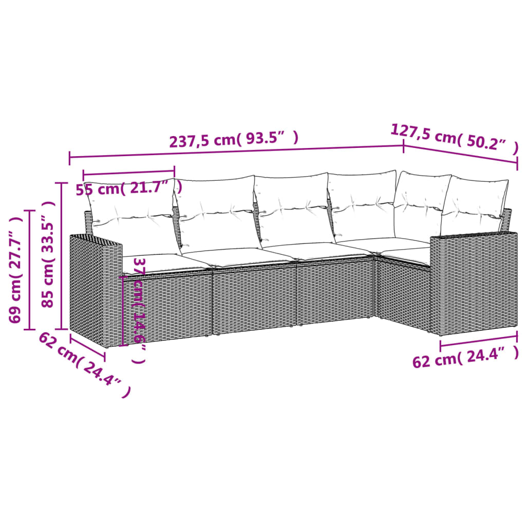 5-delige Loungeset met kussens poly rattan grijs is nu te koop bij PeponiXL, paradijselijk wonen!