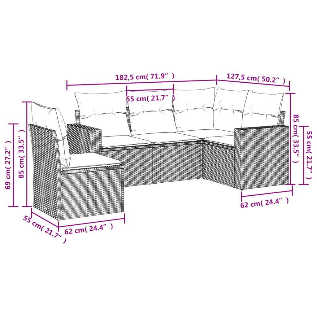 5-delige Loungeset met kussens poly rattan grijs is nu te koop bij PeponiXL, paradijselijk wonen!