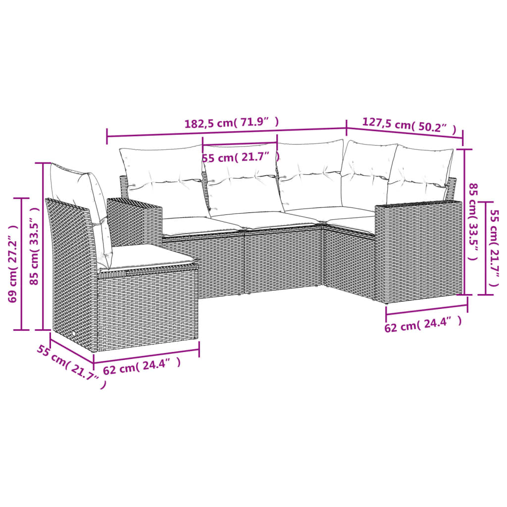 5-delige Loungeset met kussens poly rattan bruin is nu te koop bij PeponiXL, paradijselijk wonen!