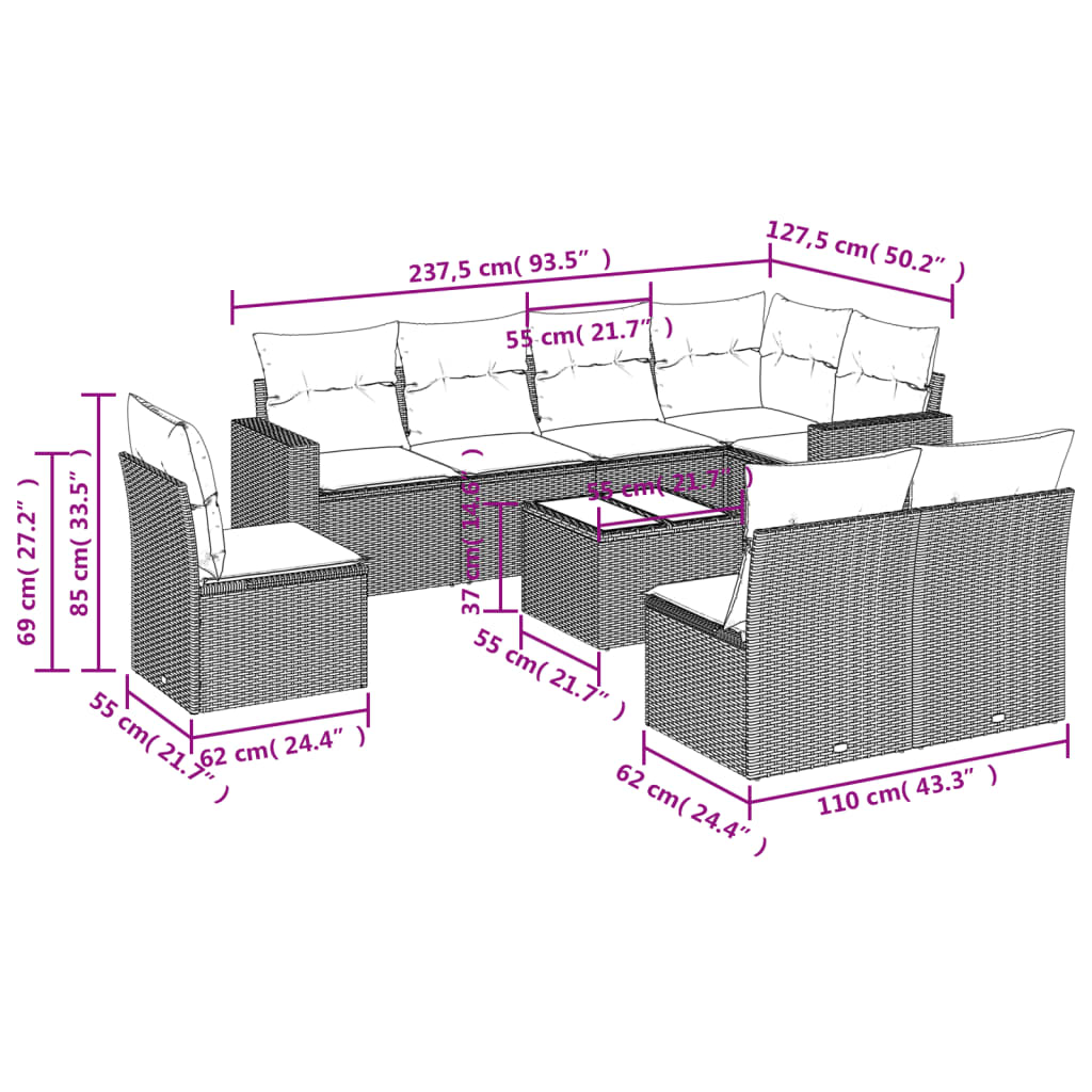 9-delige Loungeset met kussens poly rattan grijs is nu te koop bij PeponiXL, paradijselijk wonen!