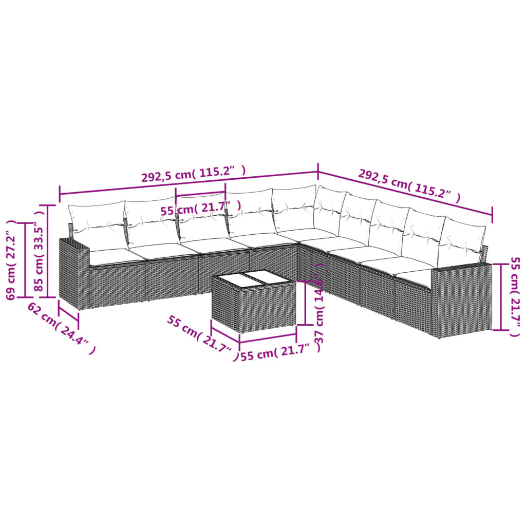 10-delige Loungeset met kussens poly rattan grijs is nu te koop bij PeponiXL, paradijselijk wonen!