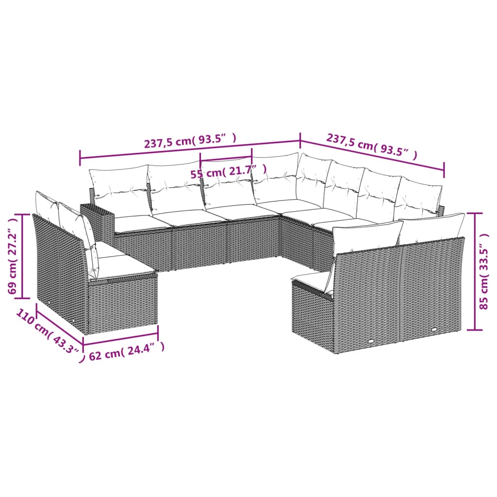 11-delige Loungeset met kussens poly rattan zwart is nu te koop bij PeponiXL, paradijselijk wonen!