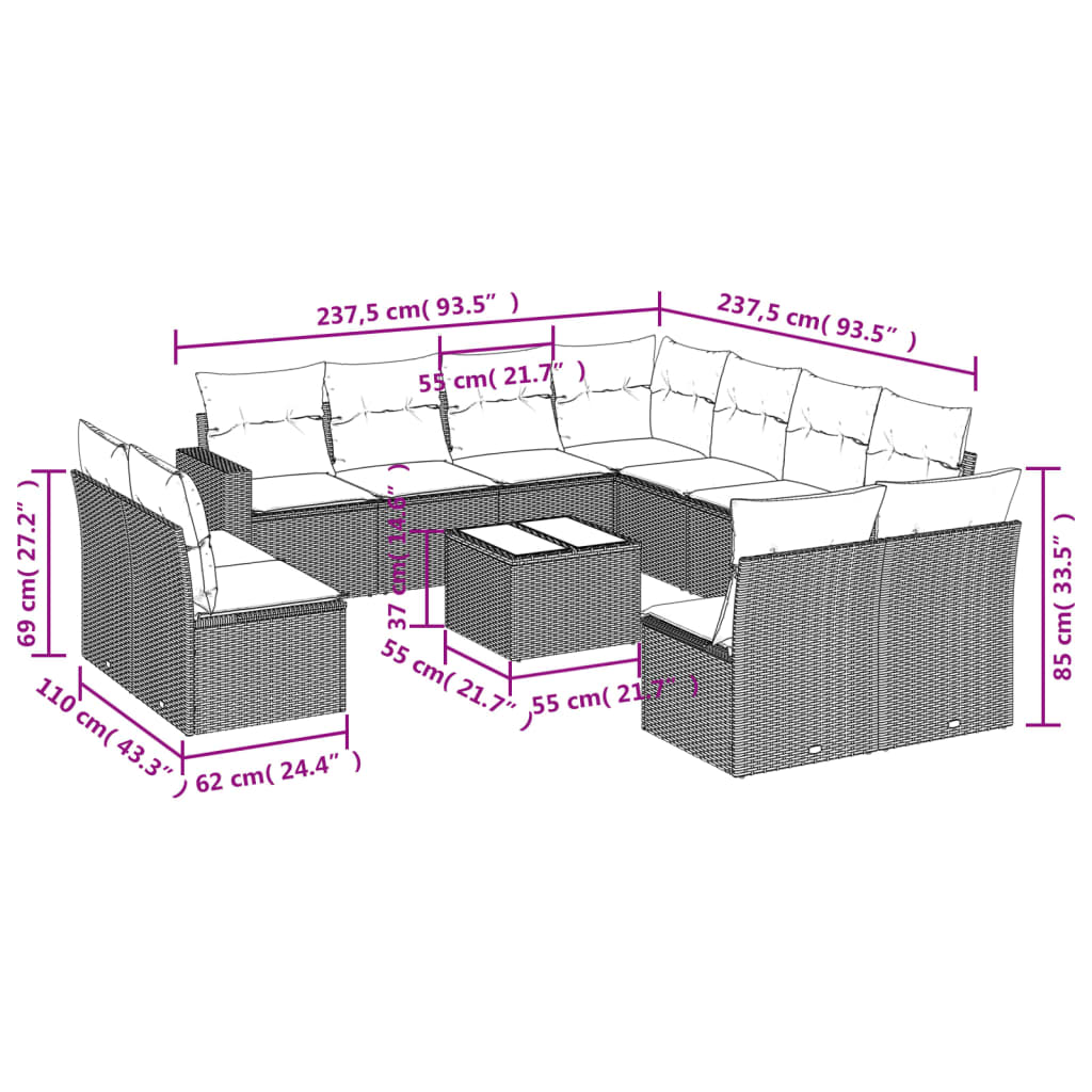 12-delige Loungeset met kussens poly rattan zwart is nu te koop bij PeponiXL, paradijselijk wonen!