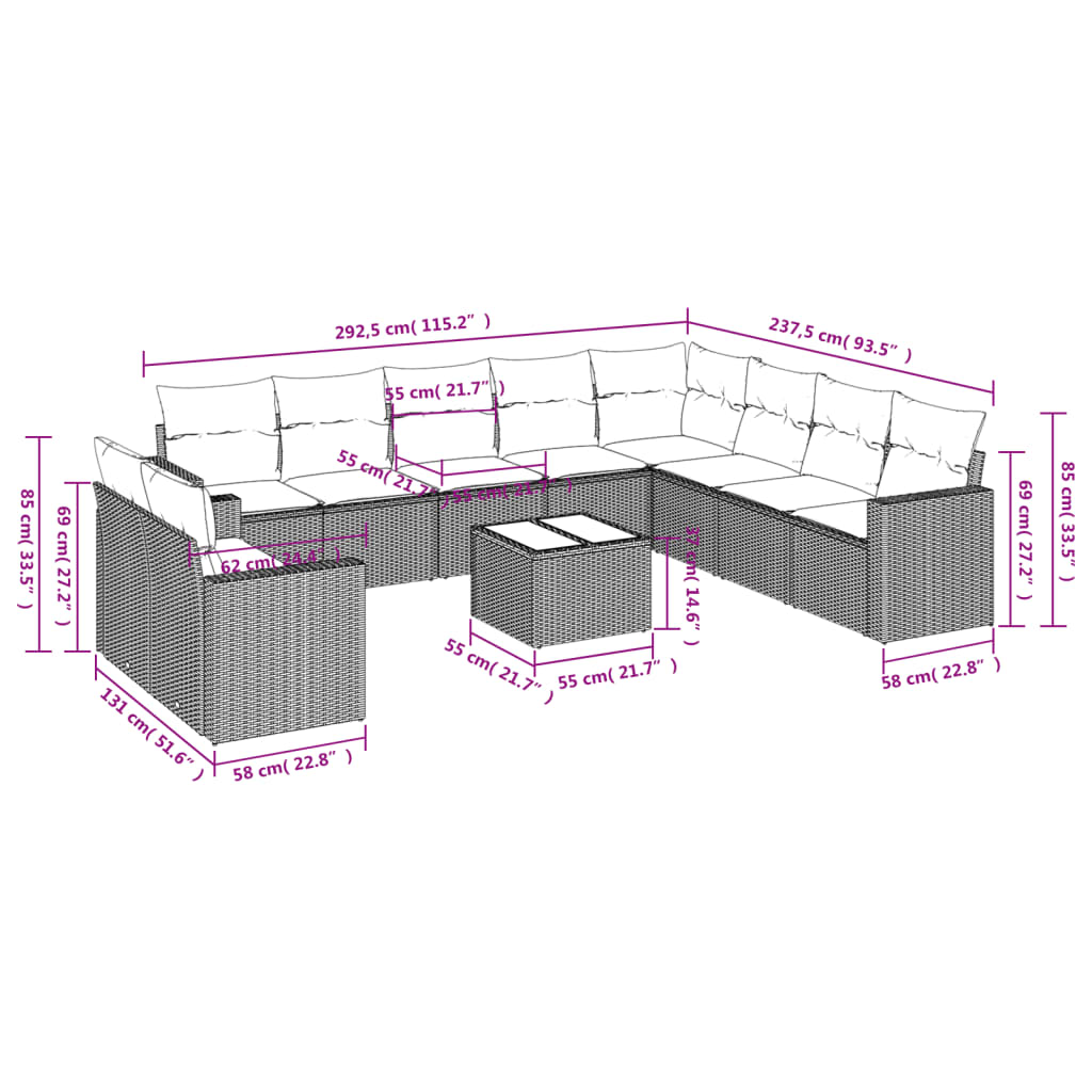 11-delige Loungeset met kussens poly rattan lichtgrijs is nu te koop bij PeponiXL, paradijselijk wonen!