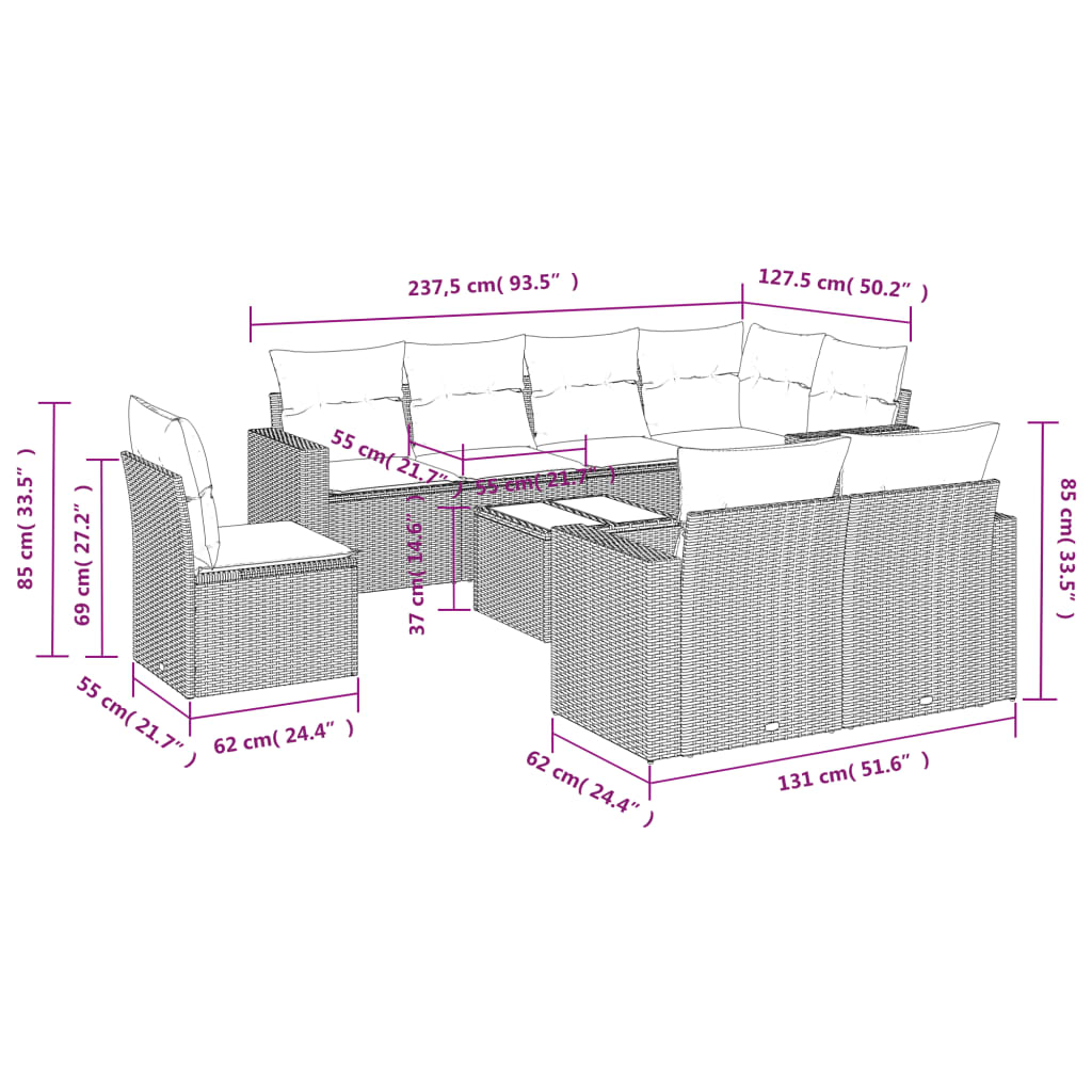 9-delige Loungeset met kussens poly rattan grijs is nu te koop bij PeponiXL, paradijselijk wonen!