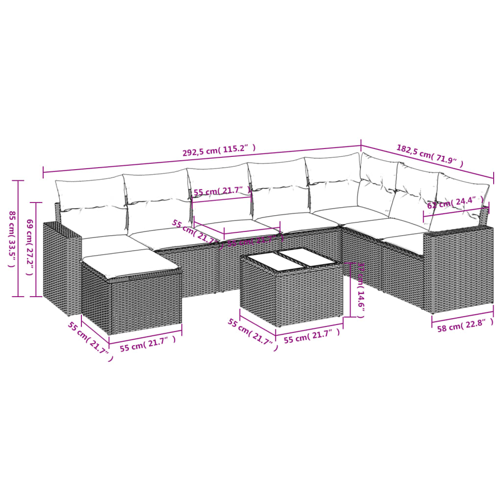 9-delige Loungeset met kussens poly rattan bruin is nu te koop bij PeponiXL, paradijselijk wonen!