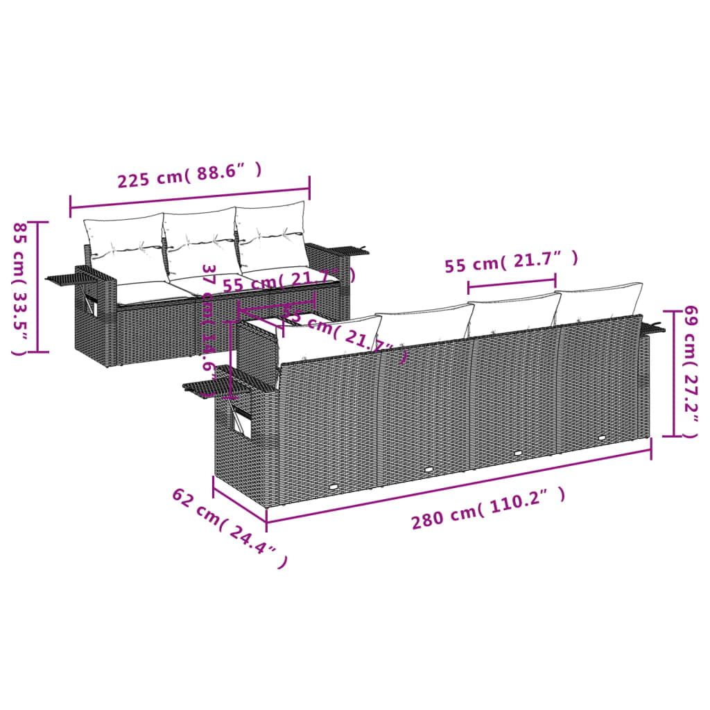 8-delige Loungeset met kussens poly rattan lichtgrijs