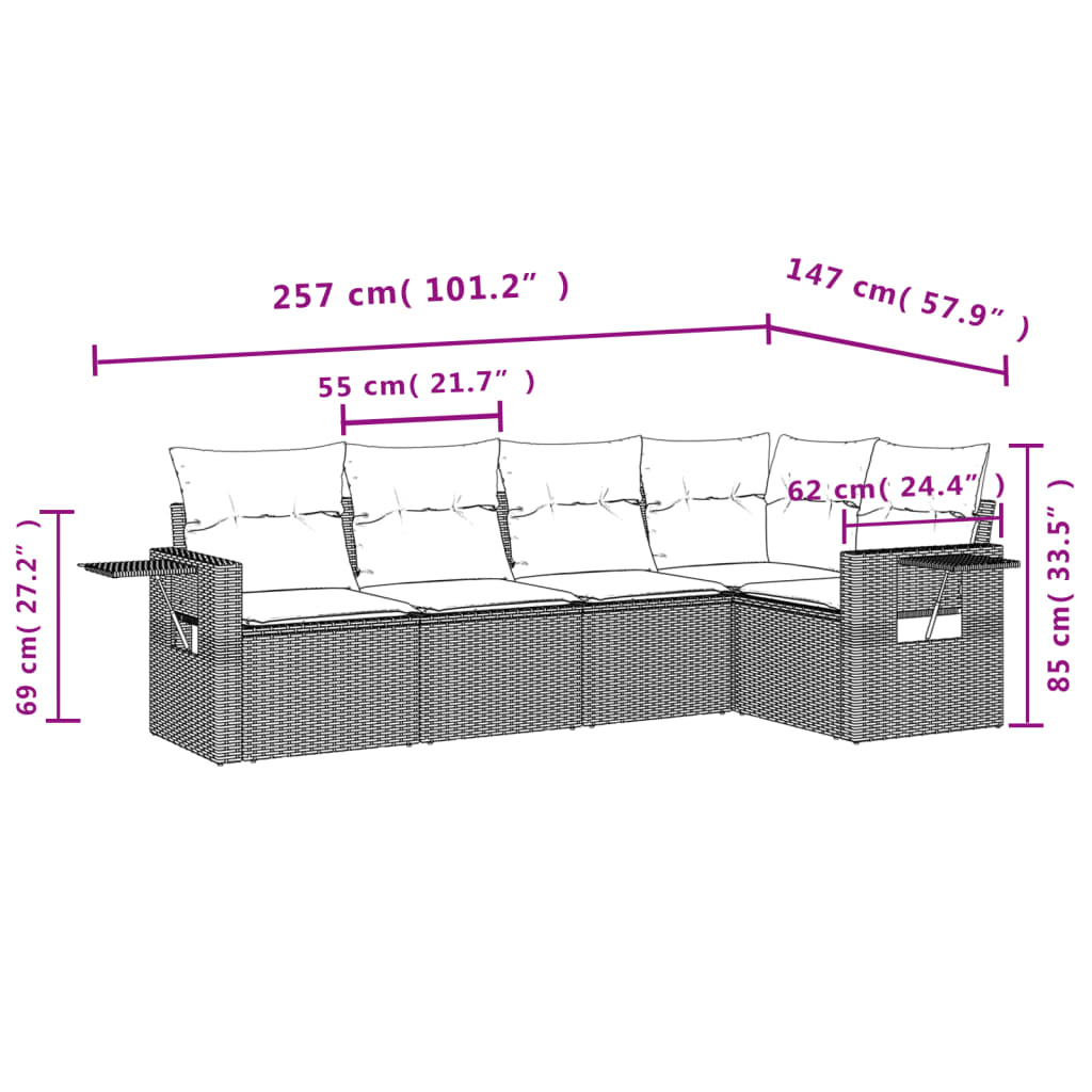 5-delige Loungeset met kussens poly rattan grijs is nu te koop bij PeponiXL, paradijselijk wonen!