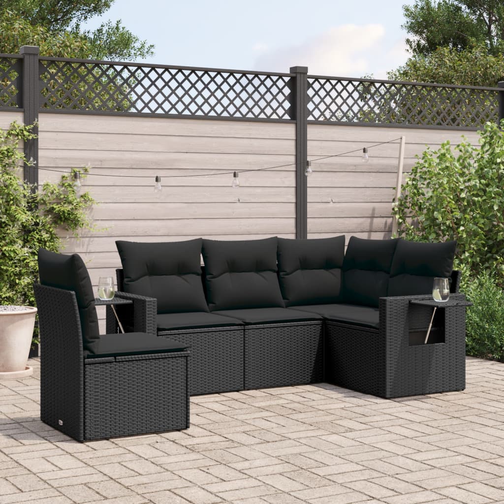 5-delige Loungeset met kussens poly rattan zwart is nu te koop bij PeponiXL, paradijselijk wonen!