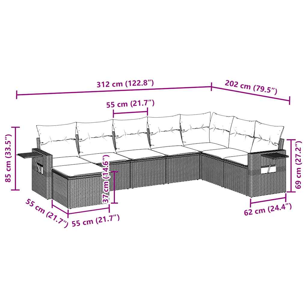8-delige Loungeset met kussens poly rattan lichtgrijs