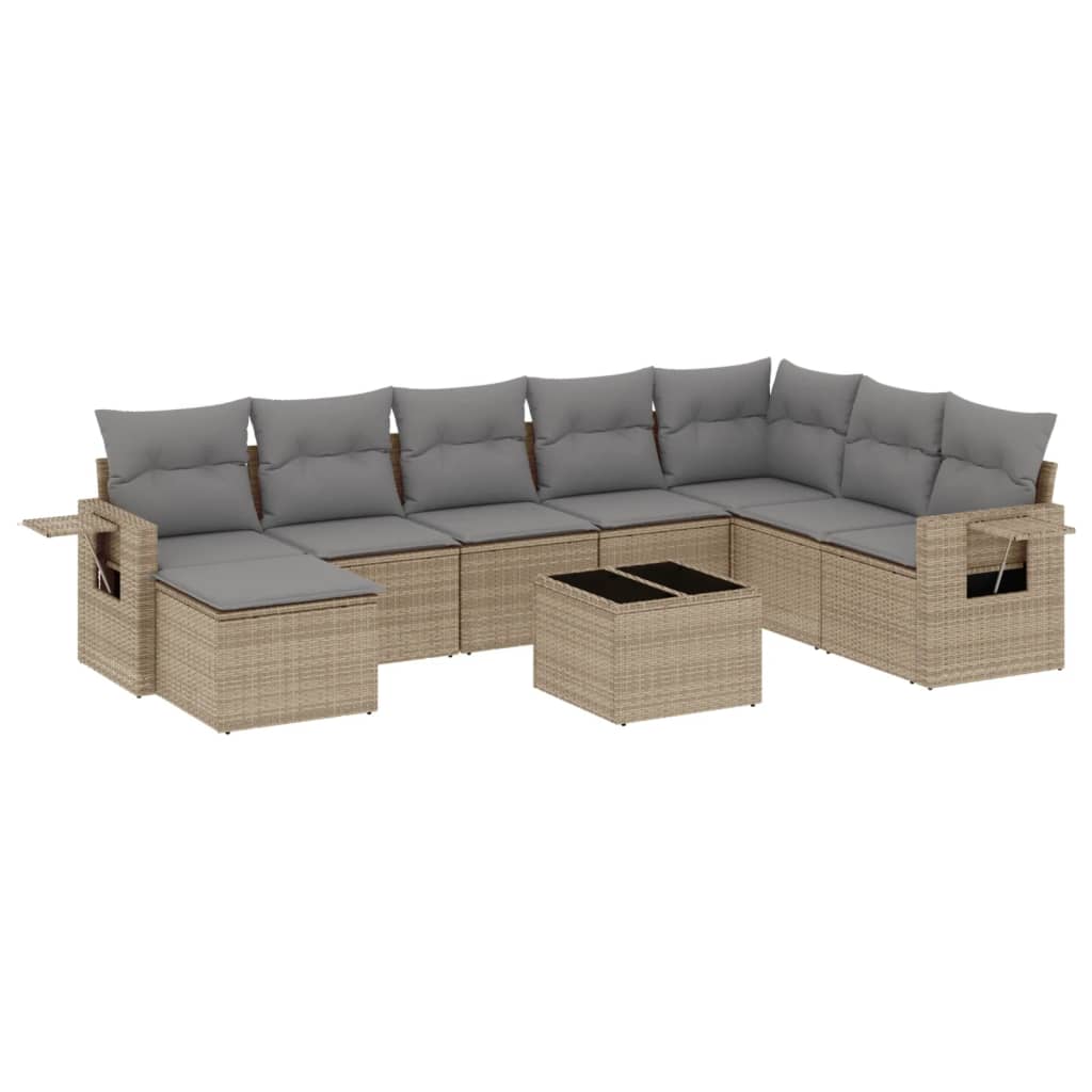 9-delige Loungeset met kussens poly rattan beige