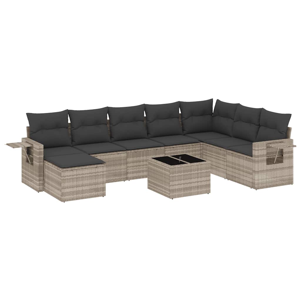9-delige Loungeset met kussens poly rattan lichtgrijs
