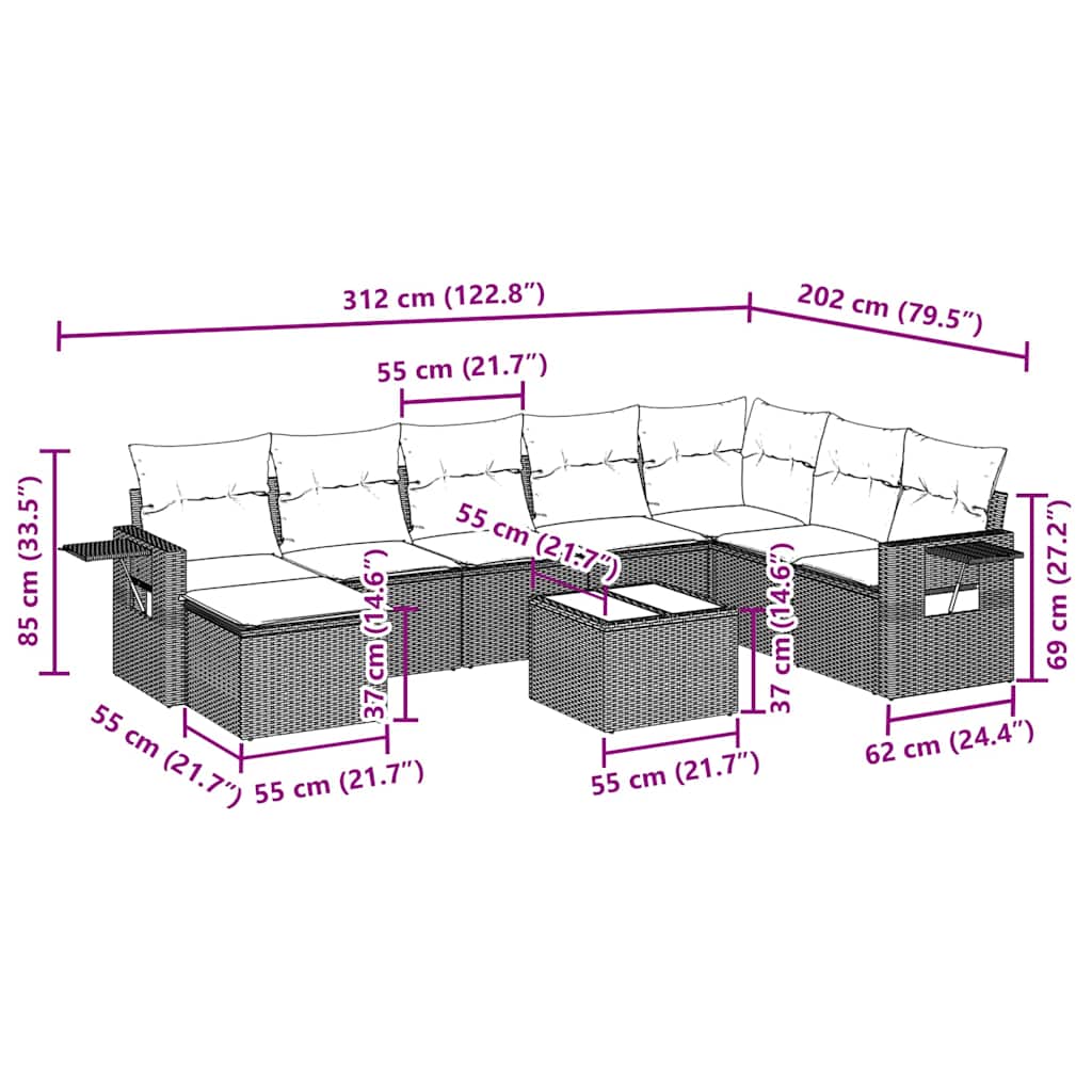 9-delige Loungeset met kussens poly rattan lichtgrijs