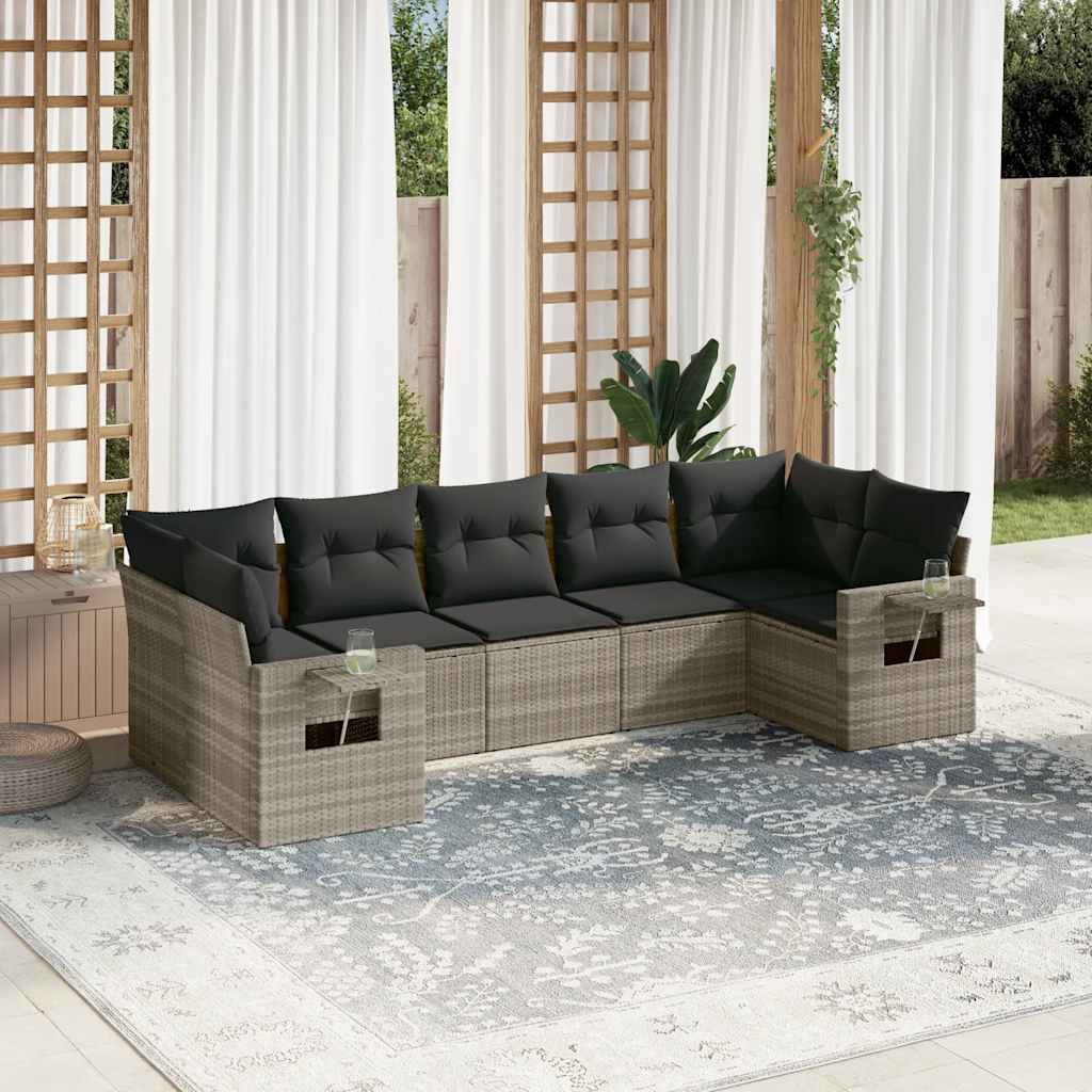 7-delige Loungeset met kussens poly rattan lichtgrijs