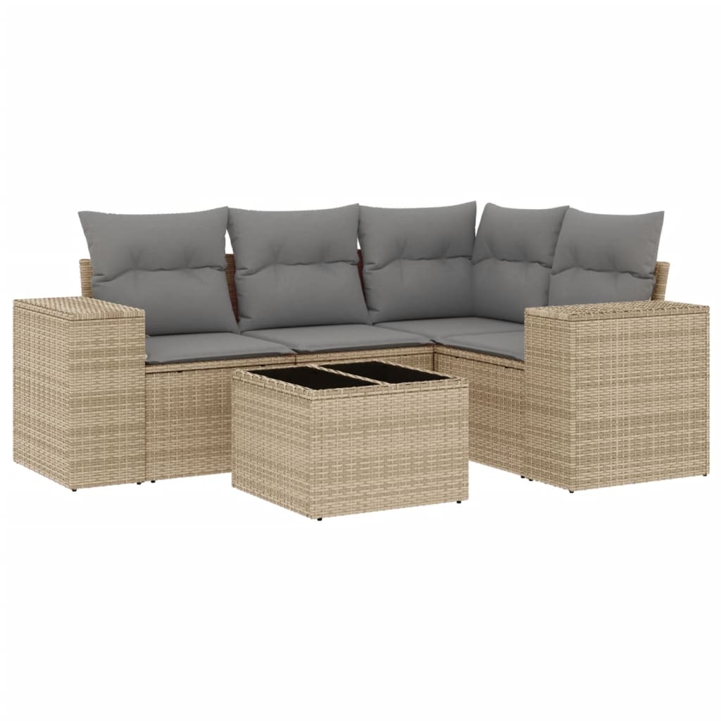5-delige Loungeset met kussens poly rattan beige