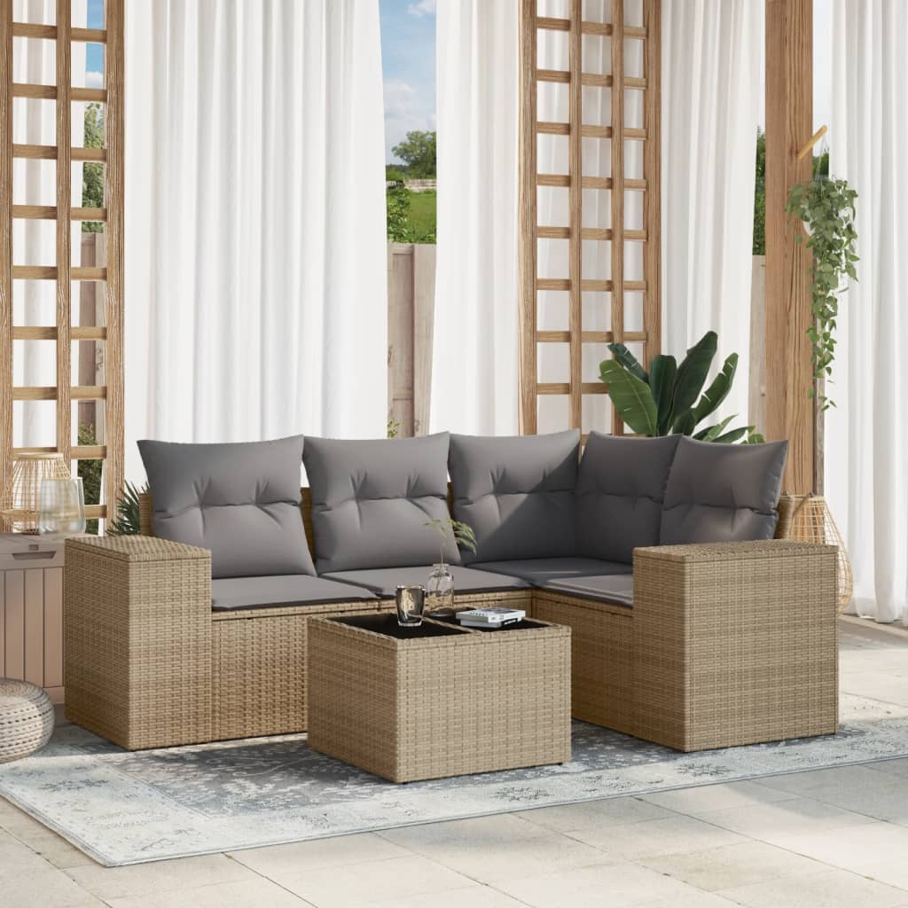 5-delige Loungeset met kussens poly rattan beige