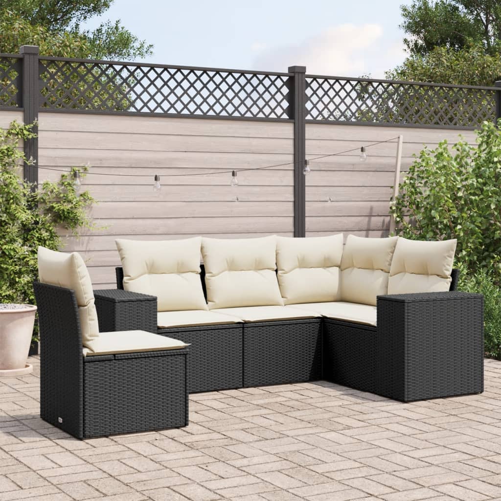 5-delige Loungeset met kussens poly rattan zwart is nu te koop bij PeponiXL, paradijselijk wonen!