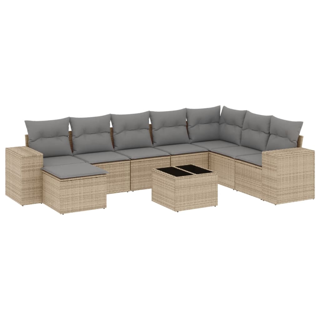 9-delige Loungeset met kussens poly rattan beige