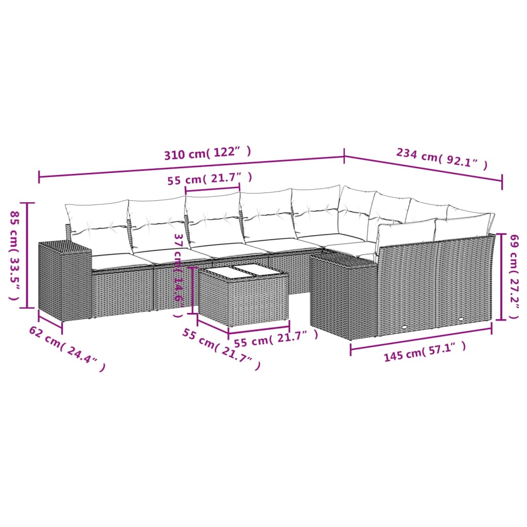 10-delige Loungeset met kussens poly rattan grijs is nu te koop bij PeponiXL, paradijselijk wonen!