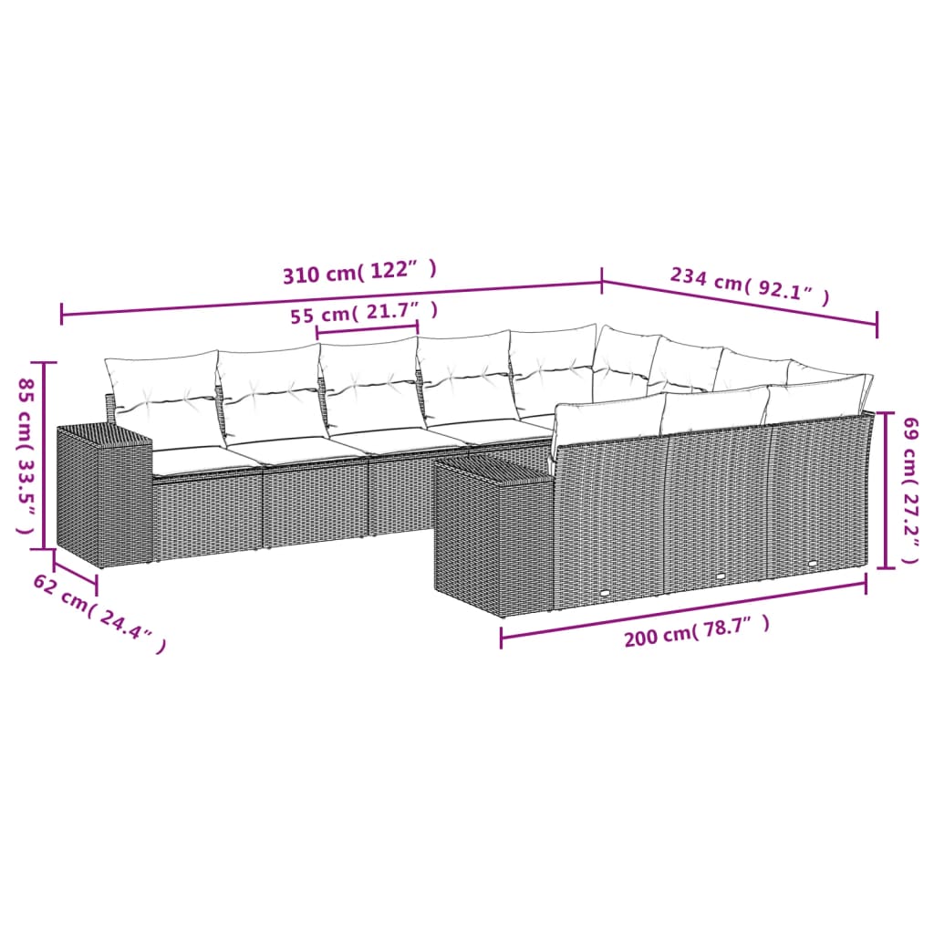 10-delige Loungeset met kussens poly rattan grijs is nu te koop bij PeponiXL, paradijselijk wonen!