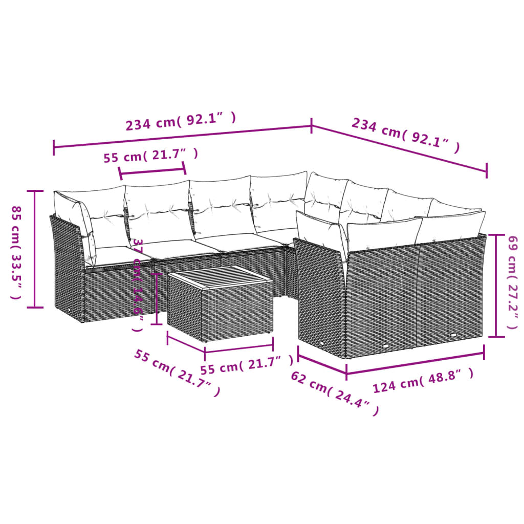 9-delige Loungeset met kussens poly rattan grijs is nu te koop bij PeponiXL, paradijselijk wonen!