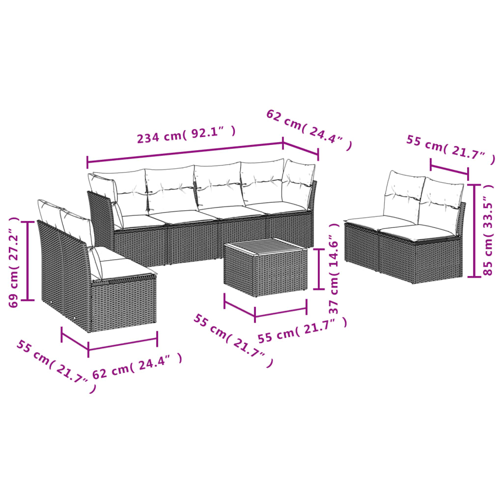 9-delige Loungeset met kussens poly rattan grijs is nu te koop bij PeponiXL, paradijselijk wonen!