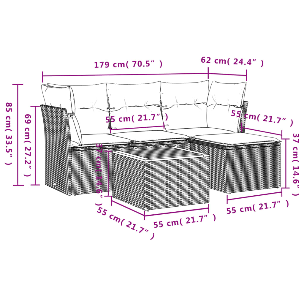 5-delige Loungeset met kussens poly rattan zwart is nu te koop bij PeponiXL, paradijselijk wonen!