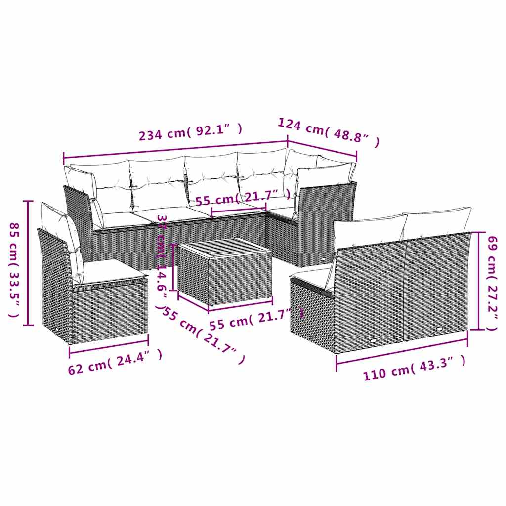 9-delige Loungeset met kussens poly rattan grijs is nu te koop bij PeponiXL, paradijselijk wonen!
