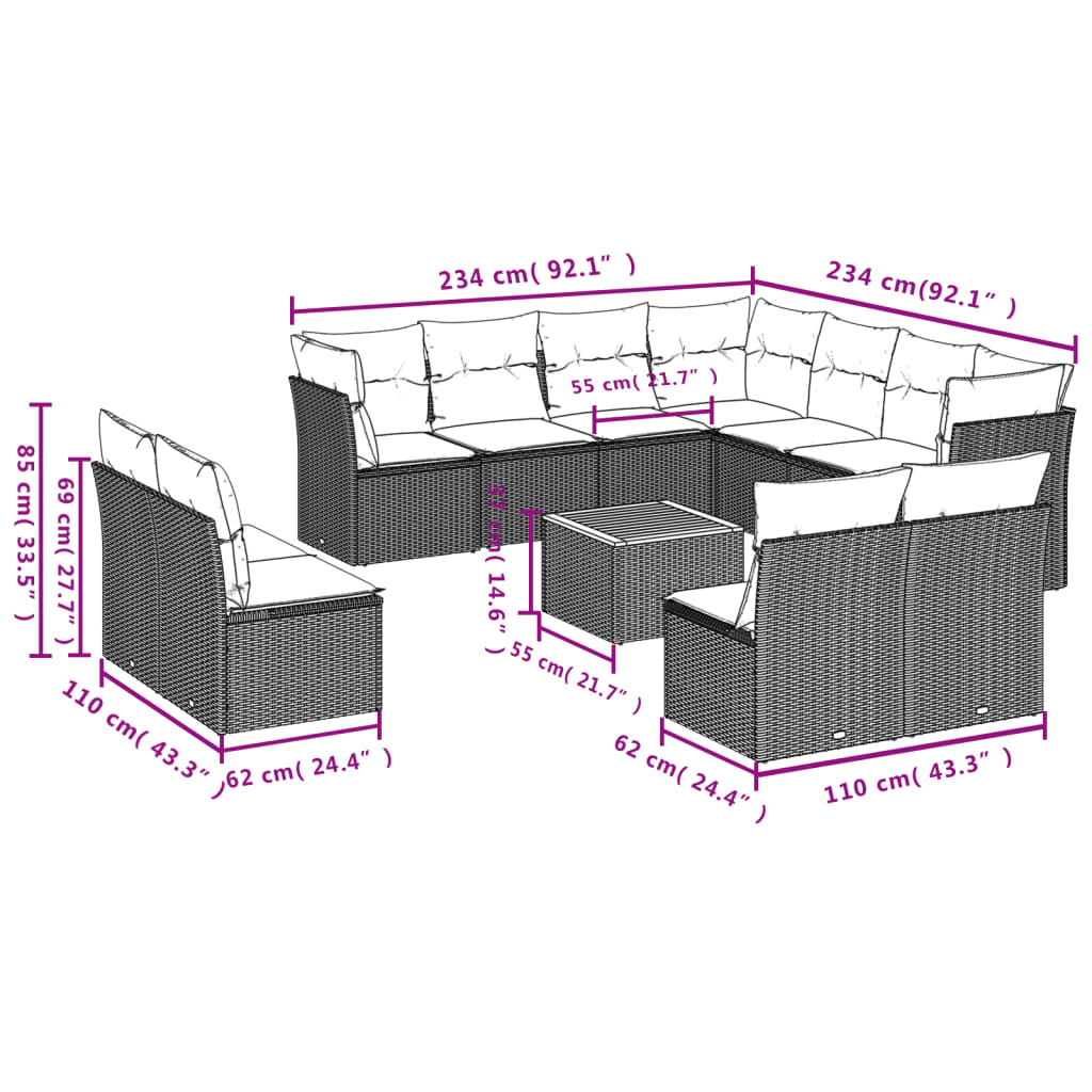 12-delige Loungeset met kussens poly rattan zwart is nu te koop bij PeponiXL, paradijselijk wonen!