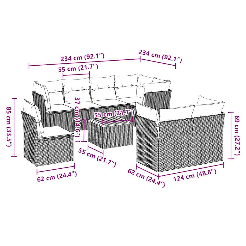 9-delige Loungeset met kussens poly rattan grijs is nu te koop bij PeponiXL, paradijselijk wonen!