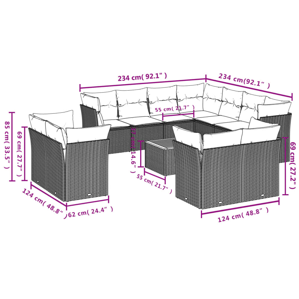 12-delige Loungeset met kussens poly rattan zwart is nu te koop bij PeponiXL, paradijselijk wonen!