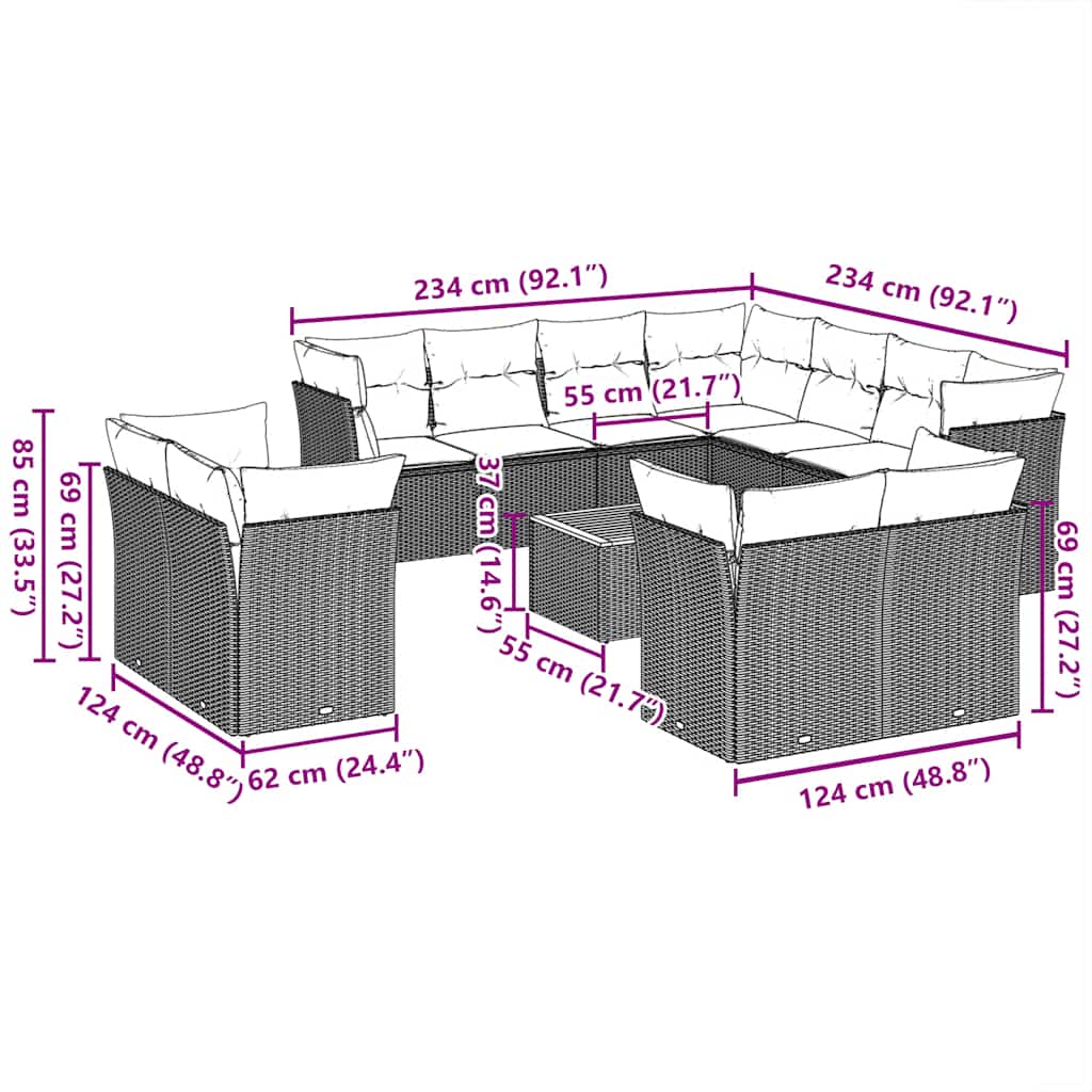 12-delige Loungeset met kussens poly rattan grijs is nu te koop bij PeponiXL, paradijselijk wonen!