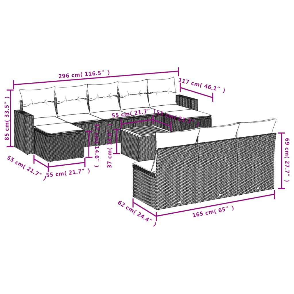 11-delige Loungeset met kussens poly rattan gemengd beige is nu te koop bij PeponiXL, paradijselijk wonen!