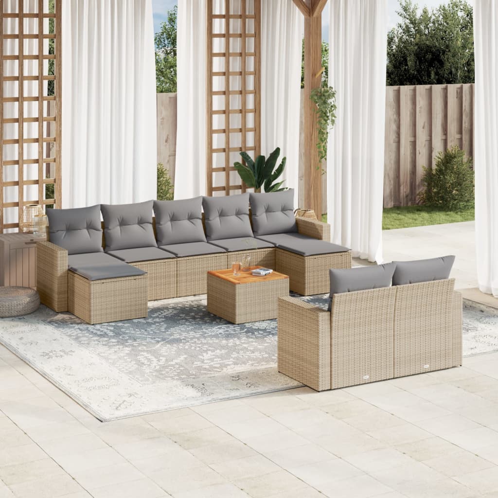 10-delige Loungeset met kussens poly rattan gemengd beige is nu te koop bij PeponiXL, paradijselijk wonen!