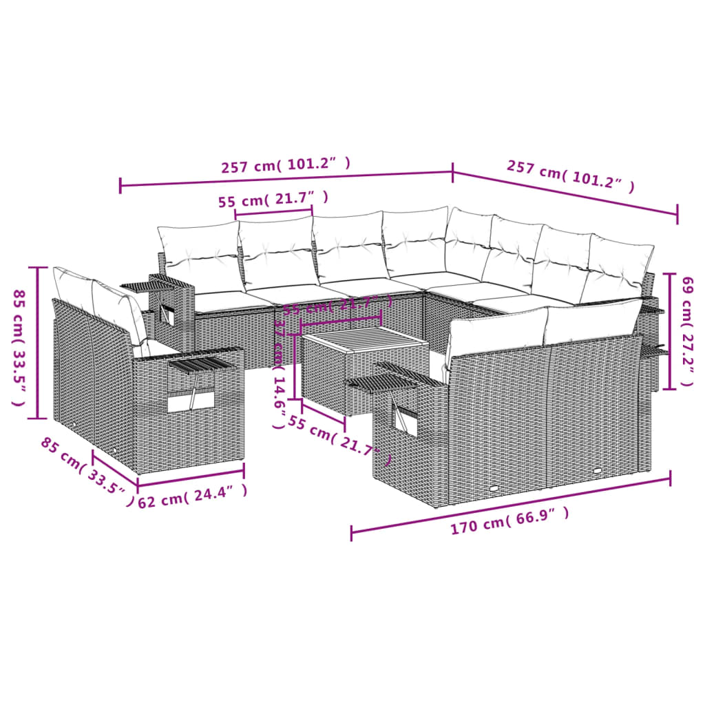 12-delige Loungeset met kussens poly rattan grijs is nu te koop bij PeponiXL, paradijselijk wonen!