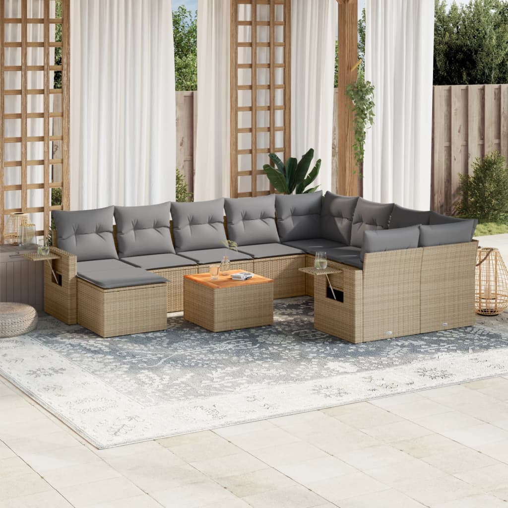 11-delige Loungeset met kussens poly rattan gemengd beige is nu te koop bij PeponiXL, paradijselijk wonen!