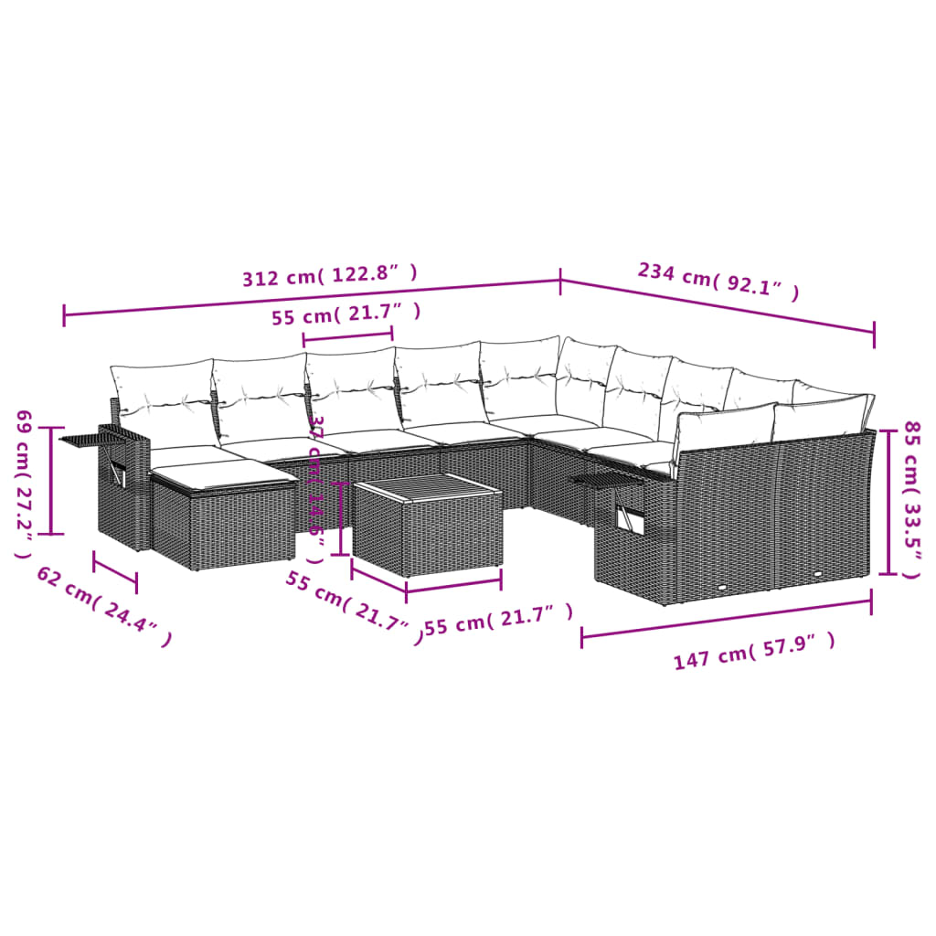 12-delige Loungeset met kussens poly rattan grijs is nu te koop bij PeponiXL, paradijselijk wonen!